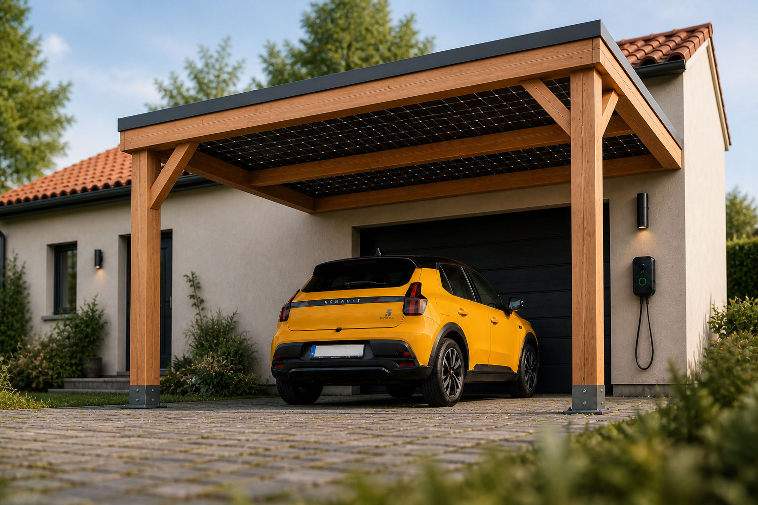 Carport bois solaire & borne recharge - Atelier EQUO à Castelnau-le-Lez