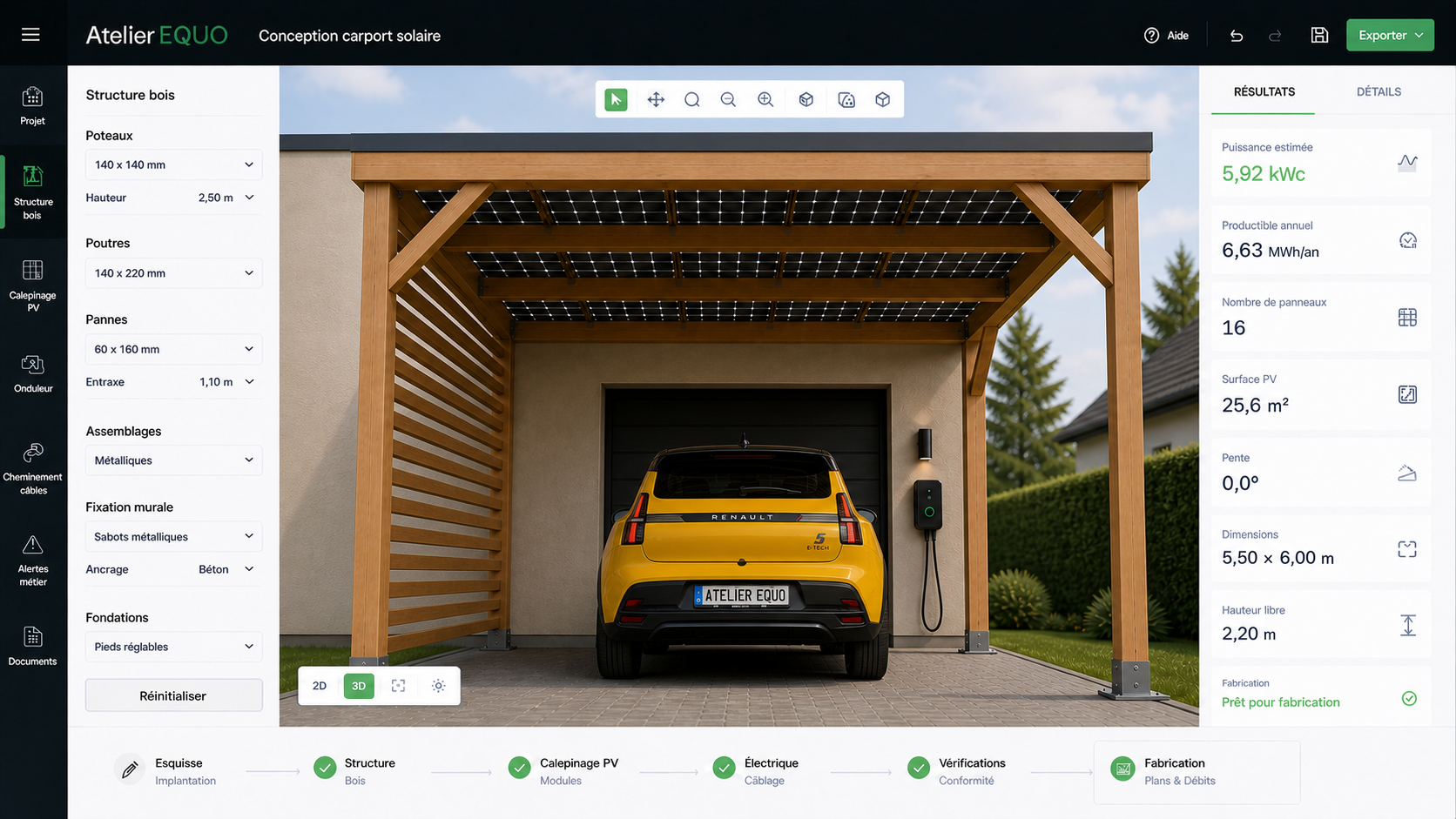 Outil de conception Atelier EQUO pour carport solaire