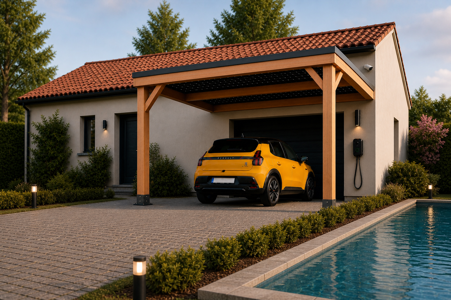 Maison équipée d'un carport bois solaire Atelier EQUO